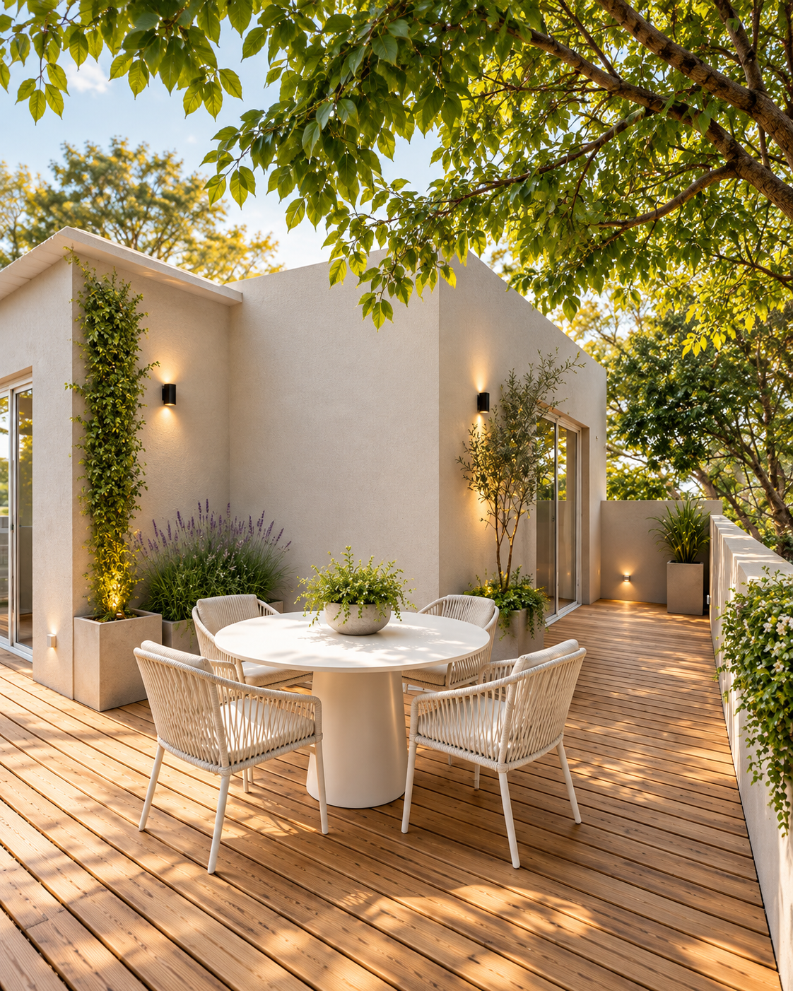 Terraza de madera con mesa redonda, verdes y sol de tarde