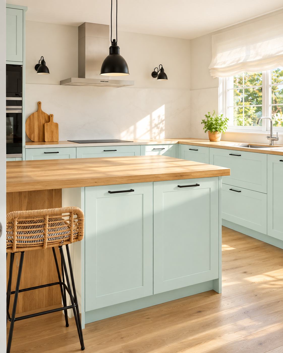 Cocina luminosa con isla de madera y detalles en verde menta