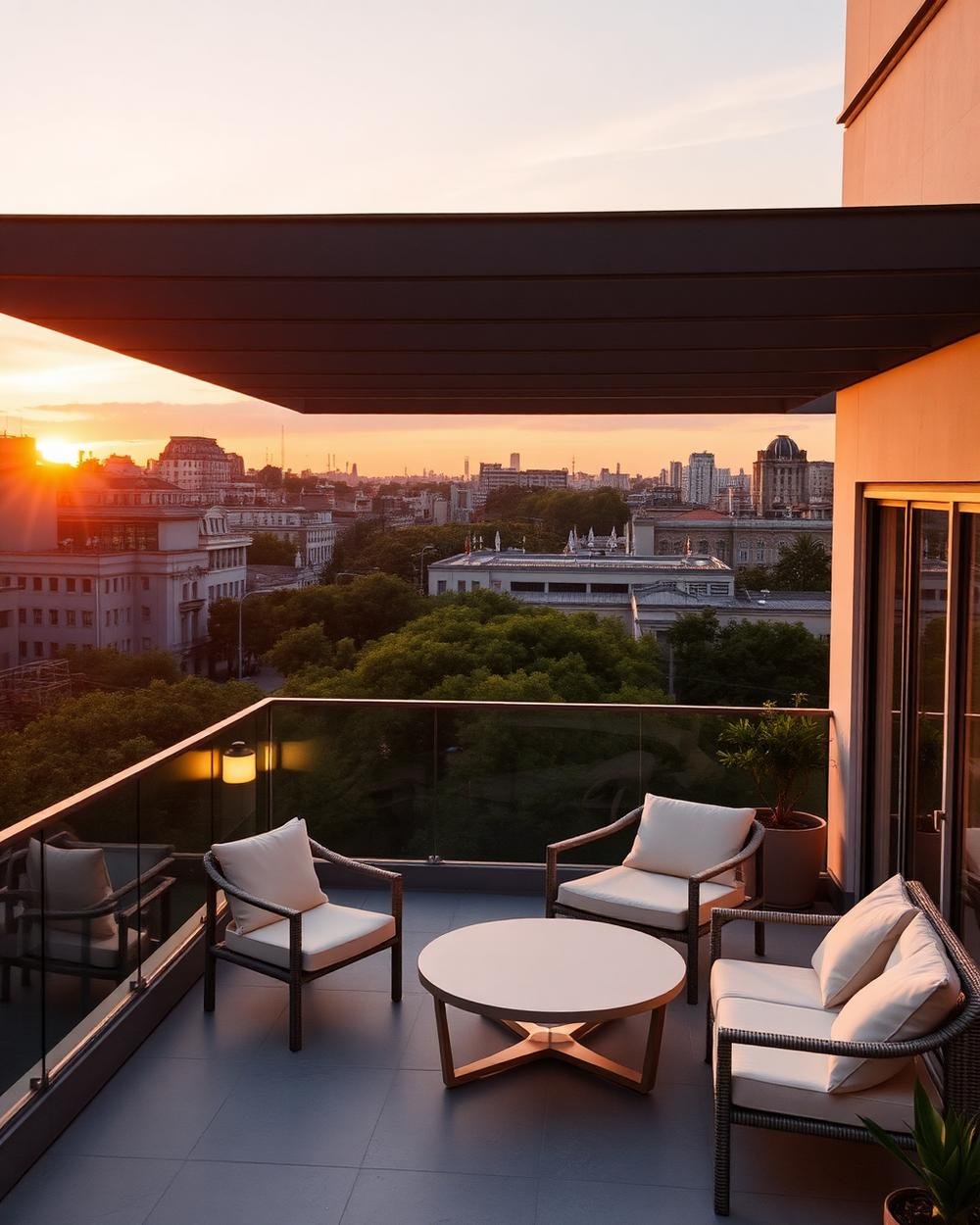 Terraza moderna con vista a Barrio Parque al atardecer